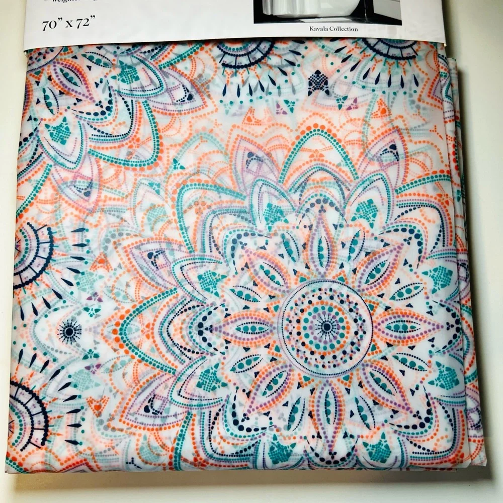 Mandala Peva Shower Curtain Teal, Coral & Navy Metal Grommets Kavala Collection